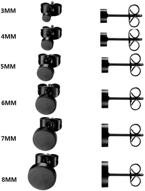 6Pairs 316L Surgical Steel Black Flat Round 3/4/5/6/7/8mm Men Women Stud Earring